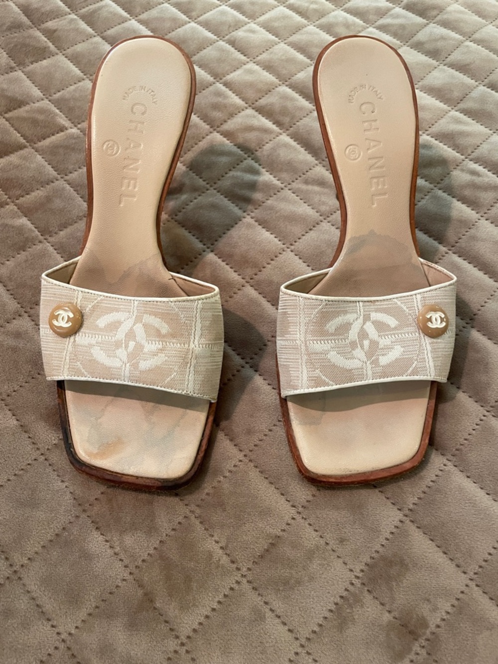 CHANEL Cream Canvas Slide Mules with Gold CC Buttons